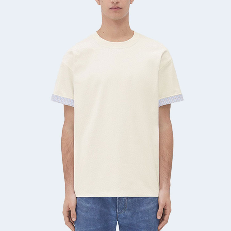 보테가 베네타 더블 레이어 코튼 체크 티셔츠 베이지